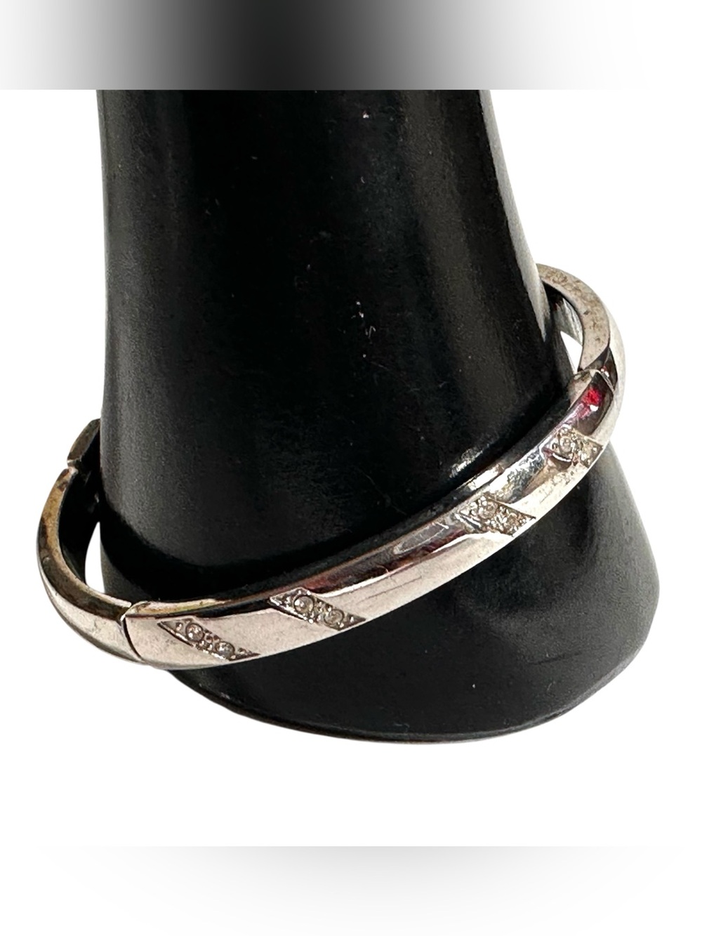 Silver Tone Bracelet Diagonal Accents W Rhinestones or CZ Fold Over Clasp